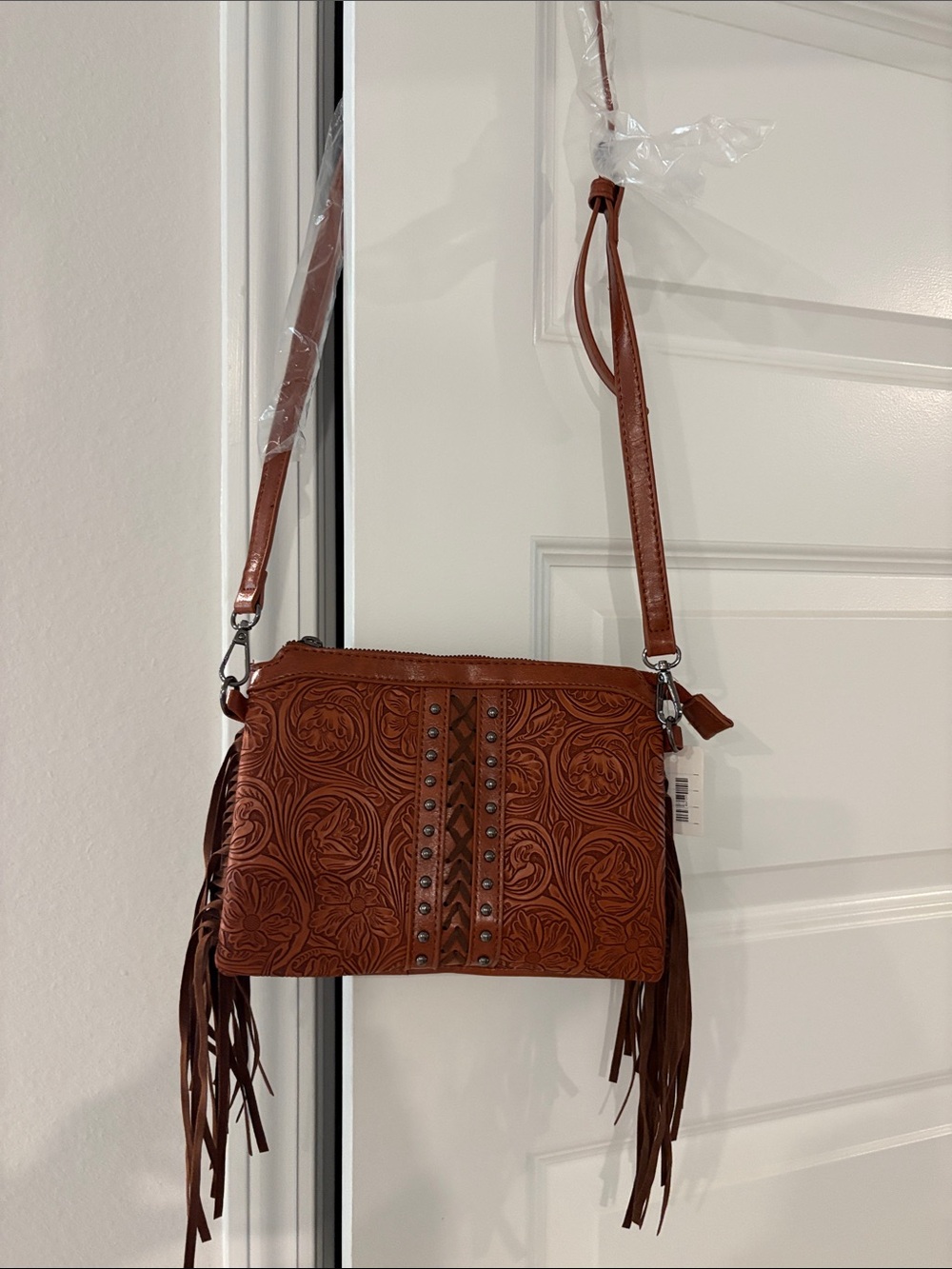 Women's Embossed Fringe Crossbody Bag - Brown